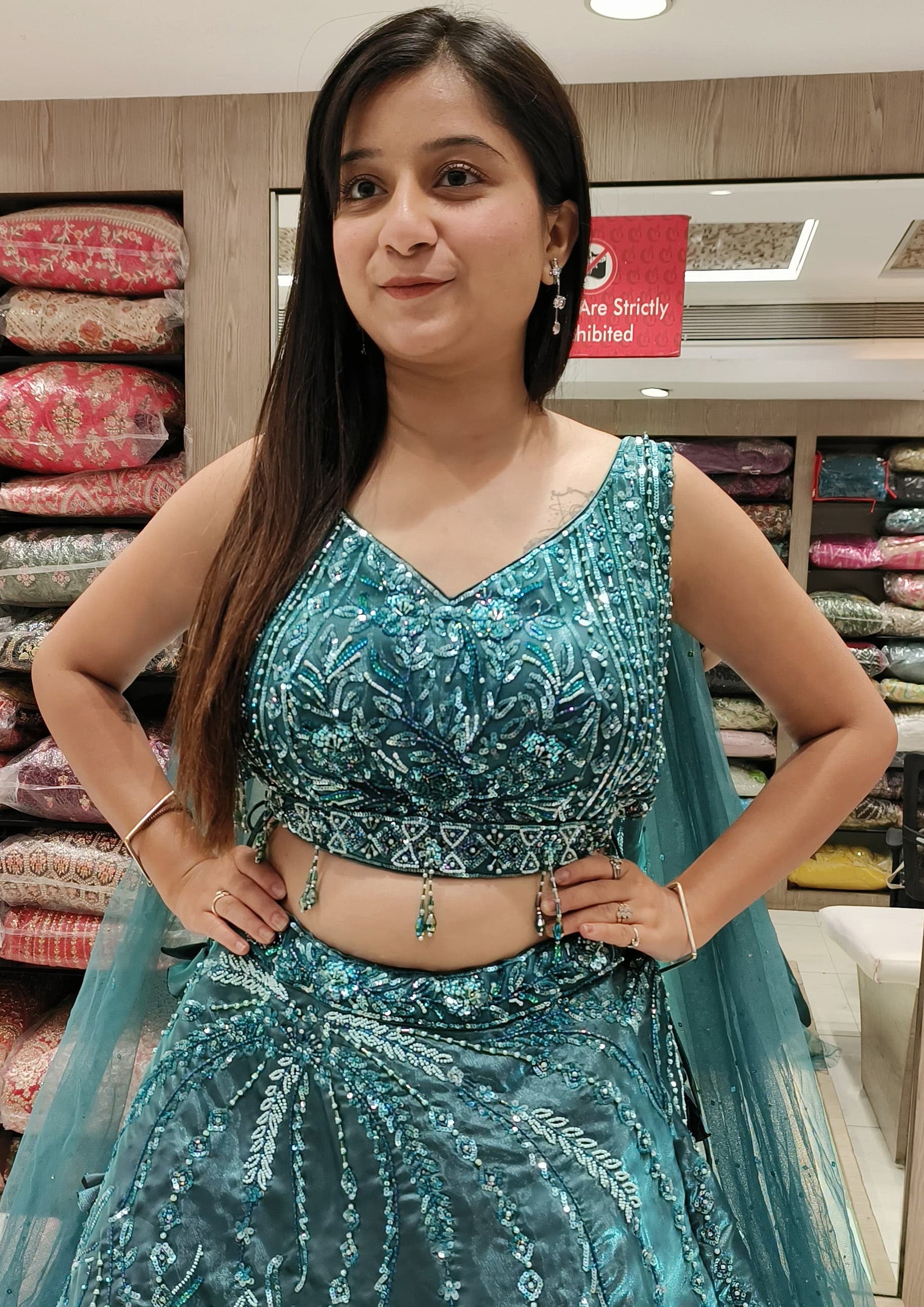 Dark Rama Color Organza Beads Work Fancy Lehenga Choli